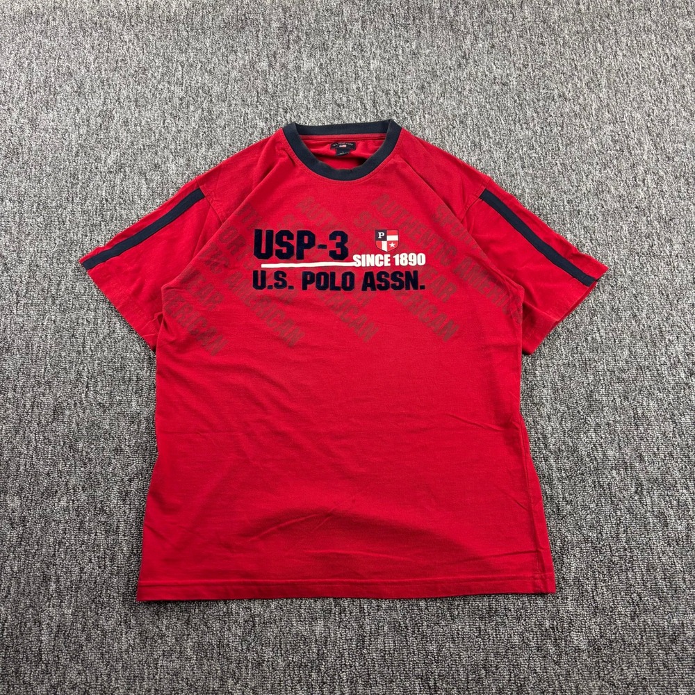 Y2K Preppy US Polo Assn Skater Racing Stripe Graphic T-Shirt Red Navy Mens Large